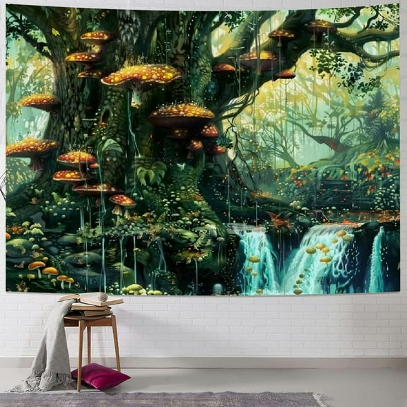 PRATYUS Fairy Tales Magical Forest Tapestry, Nature Tree of Life with Elves Landscape Tapestry Wall Hanging for Living Room BedRoom Decoration Green Painting