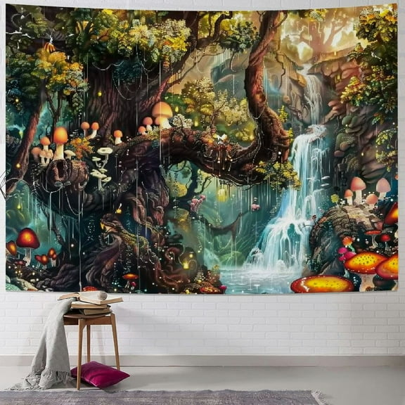 PRATYUS Fairy Tales Magical Forest Tapestry, Nature Tree of Life with Elves Landscape Tapestry Wall Hanging for Living Room BedRoom Decoration  Painting