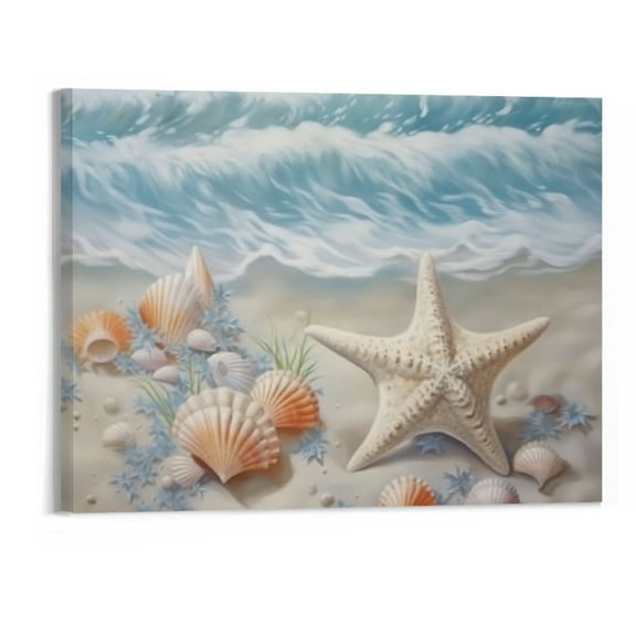 PRATYUS Fall Decor Beach Shell Starfish Canvas Wall Art Picture 20x16in for Living Room Bedroom 20x16in