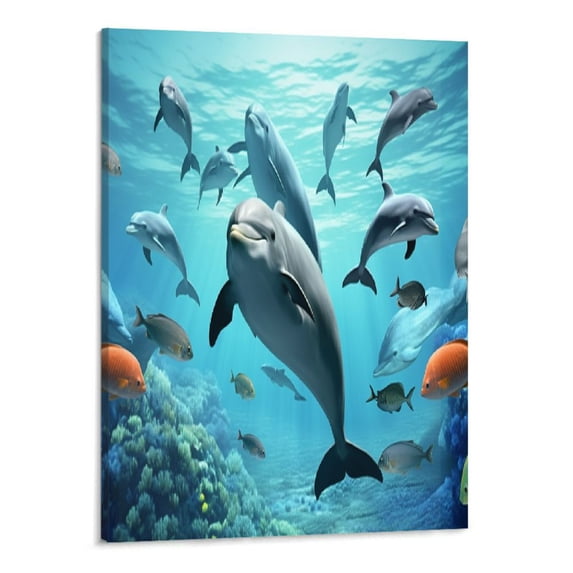 PRATYUS Fall Decor Cute Dolphin Turtle Canvas Wall Art Picture 16x20in for Living Room Bedroom 16x20in