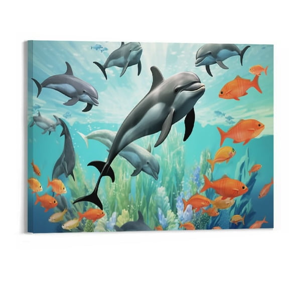 PRATYUS Fall Decor Cute Dolphin Turtle Canvas Wall Art Picture 20x16in for Living Room Bedroom 20x16in