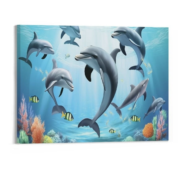 PRATYUS Fall Decor Cute Dolphin Turtle Canvas Wall Art Picture 20x16in for Living Room Bedroom 20x16in