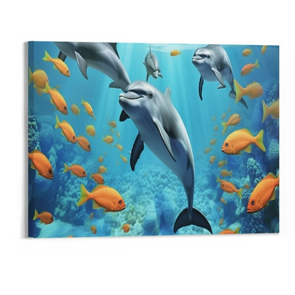 PRATYUS Fall Decor Cute Dolphin Turtle Canvas Wall Art Picture 20x16in for Living Room Bedroom 20x16in