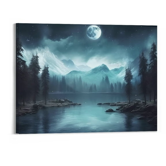 PRATYUS Fall Decor Full Moon Lake Forest Canvas Wall Art Picture 20x16in
