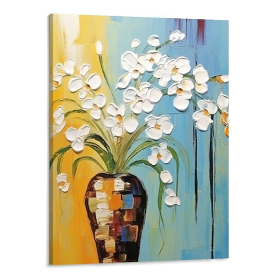 PRATYUS Fall Decor Hand-Painted Abstract White Flowers Canvas Wall Art Picture 16x20in