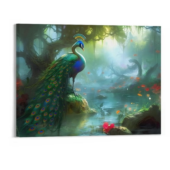 PRATYUS Fall Decor Peacocks Walking in the Forest Canvas Wall Art Picture 20x16in