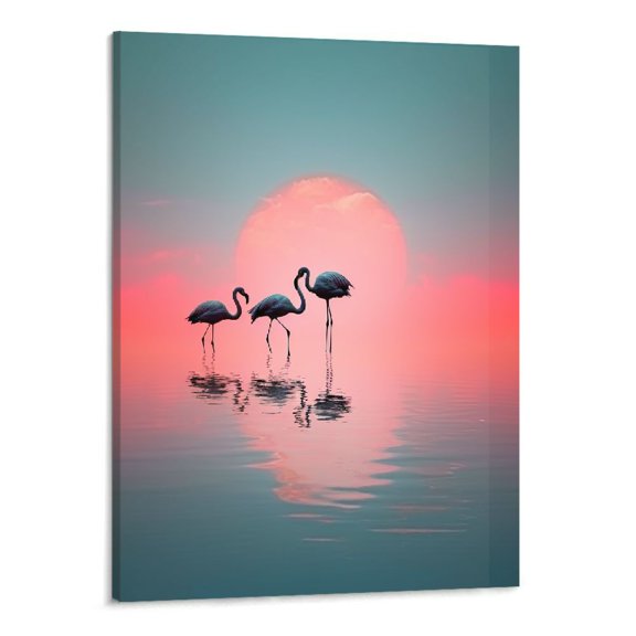 PRATYUS Fall Decor Reflections of Flamingos at Sunset Canvas Wall Art Picture 16x20in for Living Room Bedroom 16x20in
