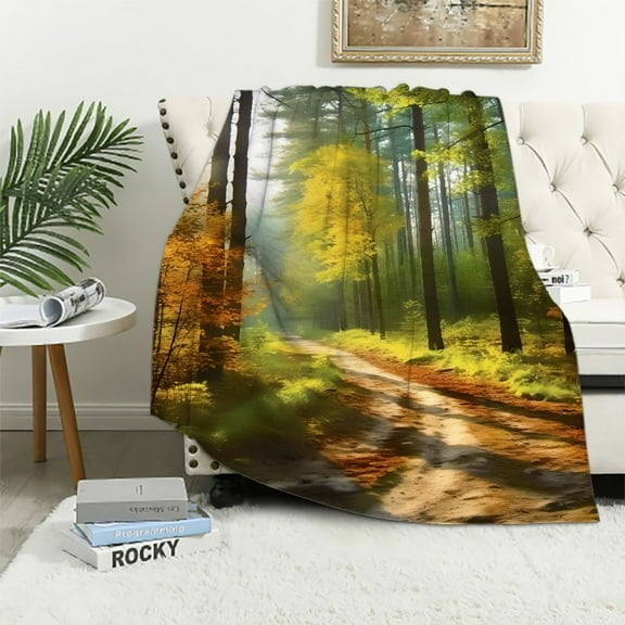 PRATYUS Fall Decor Sunny Forest Throw Blanket for Sofa Couch Cozy Flannel Travel Outdoor Blanket All Seasons Excellent Hand Feel Super Soft Blanket 50x60in