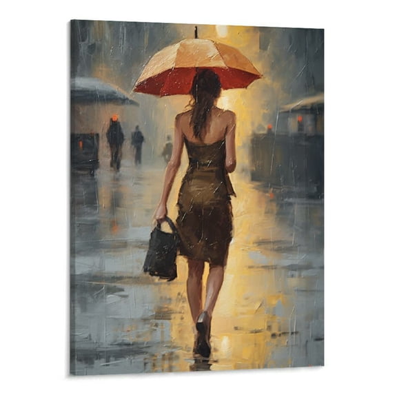 PRATYUS Fall Decor The Girl Was Walking in the Rain with an Umbrella Canvas Wall Art Picture 16x20in