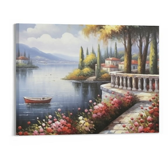 PRATYUS Fall Decor Town Oil Painting Coast Flowers Ready to Hang Canvas Wall Art Picture 20x16in