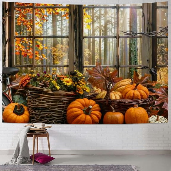 PRATYUS  Fall Tapestry Autumn Maple Tree Forest Scenery outside Window Tapestry for Bedroom, Pumpkin Sunflower Thanksgiving Wall Tapestry for Home Living Room Dorm Holiday Wall Decor Painting
