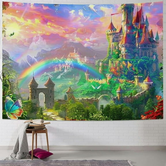 PRATYUS Fantasy Castle Tapestry Fairyland Forest Mushroom Wall Hanging Elven Kingdom Elf Tree House LandscapeTapestries for Decor Bedroom Living Room Painting
