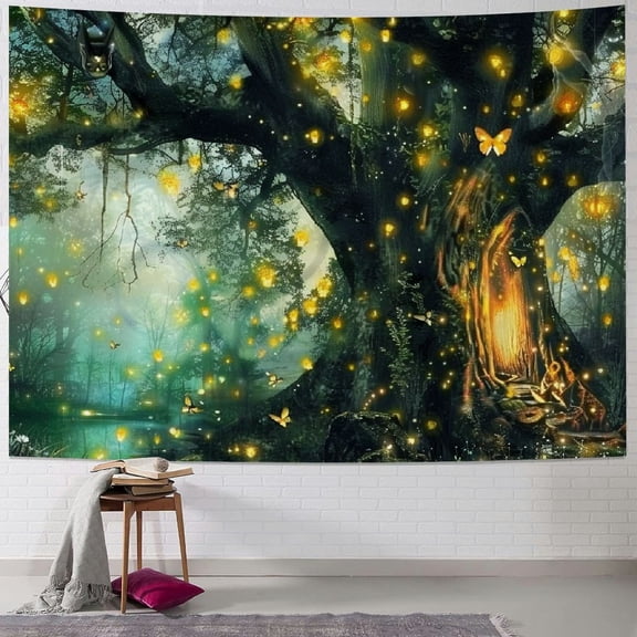PRATYUS Fantasy Forest Tapestry Green Fairy Tree of Life Tapestries for Bedroom Aesthetic Nature Tapastry's Wall Hanging Mushroom Butterfly Elves Wall Tapestry for Living Room Dorm