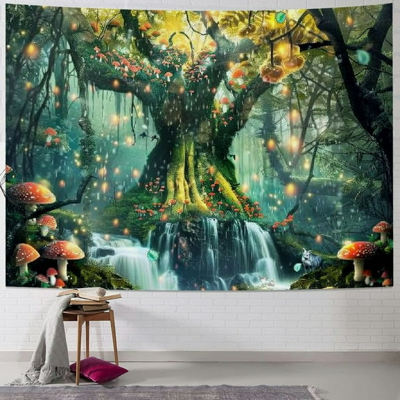 PRATYUS Fantasy Forest Tapestry Green Fairy Tree of Life Tapestries for Bedroom Aesthetic Nature Tapastry's Wall Hanging Mushroom Butterfly Elves Wall Tapestry for Living Room Dorm