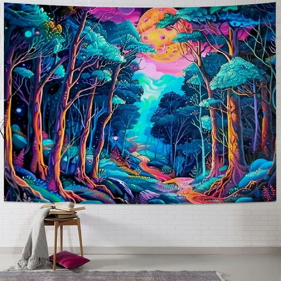PRATYUS Fantasy Forest Tapestry Tree of Life Tapestry Trippy Galaxy Moon Wall Tapestries Misty Forest Trees Tapestry Vintage Aesthetic Tapestry Wall Hanging for Bedroom Decor Multi Size Painting