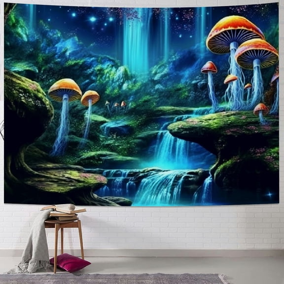PRATYUS  Fantasy Forest Tapestry Waterfall Tapestry Trippy Starry Sky Tapestry Neon Nature Plant Tapestry Wall Hanging Decor for Home 50x40inch