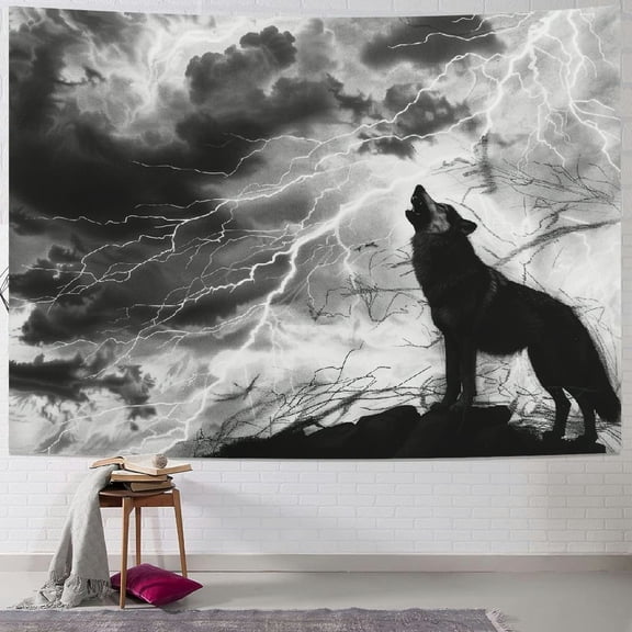 PRATYUS Fantasy Wolf Tapestry Night Forest Black White Lightning Print Tapestries Wall Hanging Blanket Wild Animal Wall Tapestry for Kids Bedroom Living Room Dorm Party Wall Decor Painting