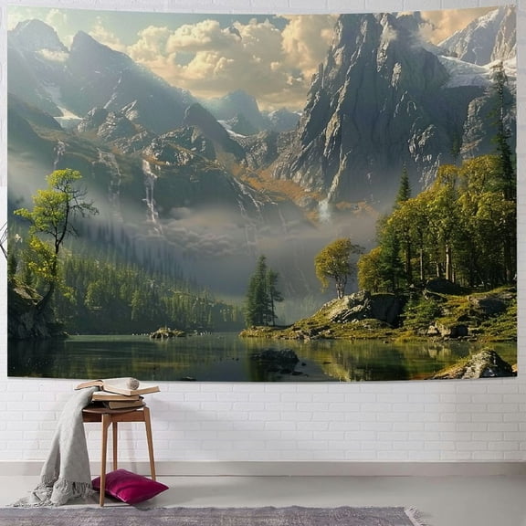 PRATYUS Fantasy World Tapestry, Mountain Forest Lake Landscape Tapestries, Wilderness Sunshine Nature Waterfall Tapestry for Bedroom Living Room Warm Painting
