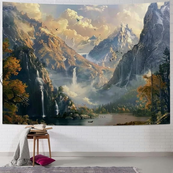PRATYUS Fantasy World Tapestry, Mountain Forest Lake Landscape Tapestries, Wilderness Sunshine Nature Waterfall Tapestry for Bedroom Living Room Warm Painting