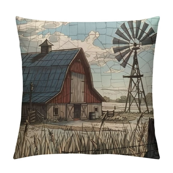 PRATYUS Farmhouse Decorative Pillow Case Farm Sketch Barn Fence Windmill Ranch Meadow Cloudscape Trees Throw Pillow Cover Home Decor Square Cushion Cover for Couch Bed Sofa 22x22in