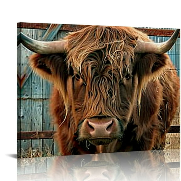 PRATYUS Farmhouse Highland Cow Wall Art Rustic Country Cow Barn Windmill Pictures Wall Decor Highland Cow Canvas Prints Painting Framed Artwork For Bedroom Bathroom Kitchen Living Room 16x12in