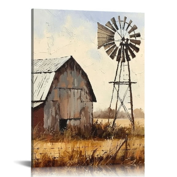 PRATYUS Farmhouse Old Barn Canvas Wall Art Rustic Windmill Lighthouse Pictures Print Countryside Rural Landscape Painting Vintage Artwork for Living Room Decor Framed 12x16 in
