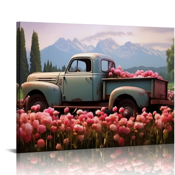 PRATYUS Farmhouse Truck Canvas Wall Art Old Car and Pink Flower Picture Prints for Bedroom Home Living Room Decor with Framed 16x12in