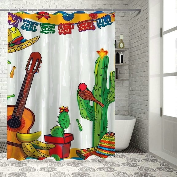 PRATYUS Fiesta Shower Curtain, Cartoon Drawing Style Mexican Pinata Taco Chili Pepper Sugar Skull Pattern Guitar, Cloth Fabric Bathroom Decor Set with Hooks, Orange White