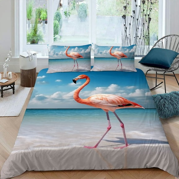 PRATYUS Flamingo Beach Sunset 3-Piece Bedding Set Easy to Clean and Care for Peach Skin Fabric Bedroom Guest Room 87x68in