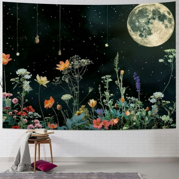 PRATYUS Floral Plants Tapestry Wall Hanging, Galaxy Moon Stars Black Starry Night Botanical Tapestries Vintage Flowers Nature Wall Art Tapestry for Bedroom Living Room Home Dorm Painting