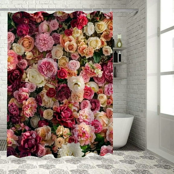 PRATYUS  Floral Shower Curtain Red and Pink Rose Flowers Vivid Bright Spring Wedding Beautiful Women Bath Curtain Waterproof Polyester Fabric Bathroom Decor Set with Hooks 60x72