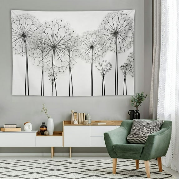 PRATYUS Floral Tapestry, Modern Hand Drawn Digital Flower Dandelions Botanic Plants Nature Artwork Print, Wide Wall Hanging for Bedroom Living Room Dorm,60x40 Inch, White Black 60x40in