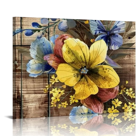PRATYUS Floral Wall Art for Bathroom Blue Yellow Wildflower and Butterfly Inspirational Quotes Abstract Canvas Wall Art Brown Wall Pictures for Living Room Bedroom Office Ready To Hang