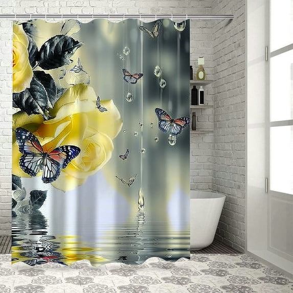 PRATYUS Flower Butterfly Shower Curtain Yellow Rose Floral Wings Water Reflection Spring Spa Lake Natural Scenery Woman Fantasy Fabric Bathroom Decor Set with Hooks 60x72