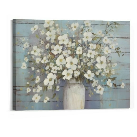 PRATYUS Flower Canvas Picture Framed Wall Art: Rustic Floral Artwork Blossom Bouquet in Mason Jar Print for Living Room Decor 20x16 Inch