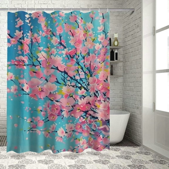 PRATYUS Flower Shower Curtain, Sakura Blossom Floral Beauty with Sky Japanese Inspired Cherry Spring Theme, Cloth Fabric Bathroom Decor Set with Hooks White