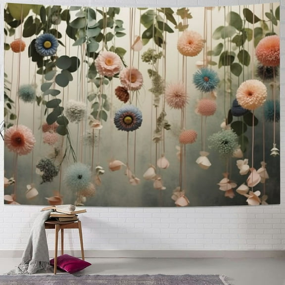 PRATYUS Flower Tapestry, Modern Lines Leafy Eucalyptus Pattern with Tender Sunflower and Peony, Wall Hanging Bedspread Bed Cover Wall Decor, Grey Teal Laurel Green 40x60inch