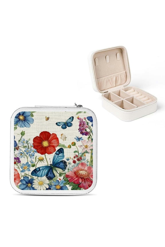 Flowers Butterflies Dragon Jewelry Box PU Leather Organizer White