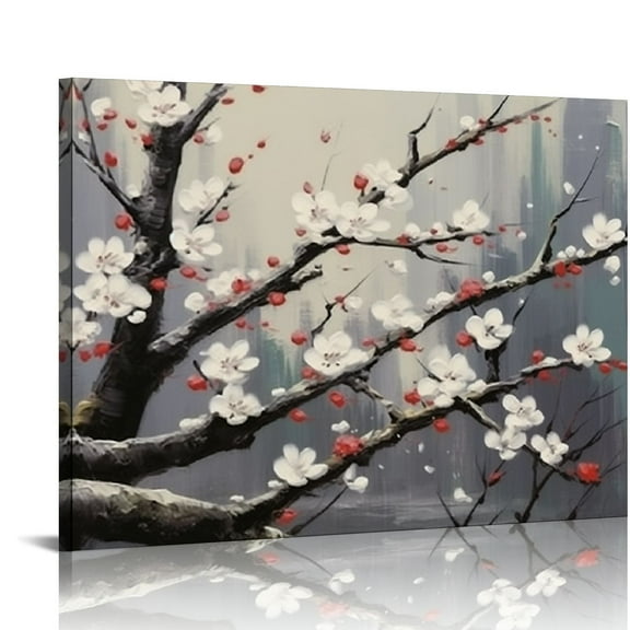 PRATYUS Flowers Canvas Wall Art Plum Tree Blossom Canvas Prints Artwork Colorful 3D Textured Landscape Pictures Cherry Canvas Painting Floral Framed for Bedroom Office Home Decor 20x16in