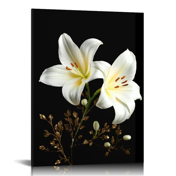 PRATYUS Flowers Gold Center Piece White Canvas Wall Art Decor 12x16in