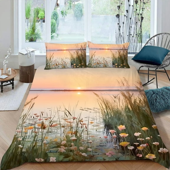 PRATYUS Flowers Grass Sunset 3-Piece Bedding Set - Luxurious Peach Skin Fabric, Zipper Closure, Bedroom Guestroom Decor 87x68in