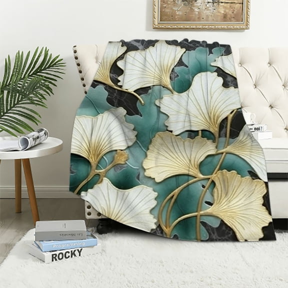 PRATYUS Flowers Marble Surface Gold Border Throw Blanket for Sofa Couch Cozy Flannel Travel Outdoor Blanket All Seasons Bed Desk Chair Super Soft Blanket 40x50in