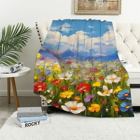 PRATYUS Flowers Sky Clouds Throw Blankets for Sofa Couch Cozy Flannel Travel Outdoor Blanket All Seasons Lightweight Soft Blanket Gifts 50x60in