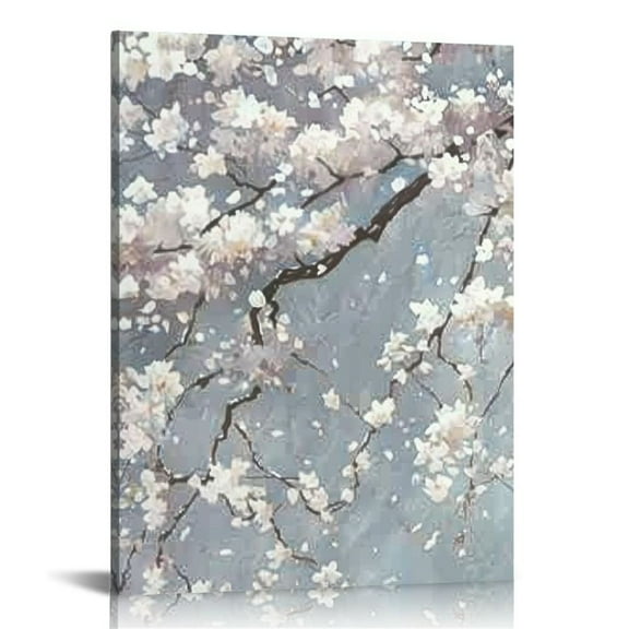 PRATYUS Flowers Wall Art for Living Room/Cherry Blossom Wall Art Bedroom/White Floral Plum Wall Decoration/Canvas Prints Artwork Framed Wall Decor 12x16 in