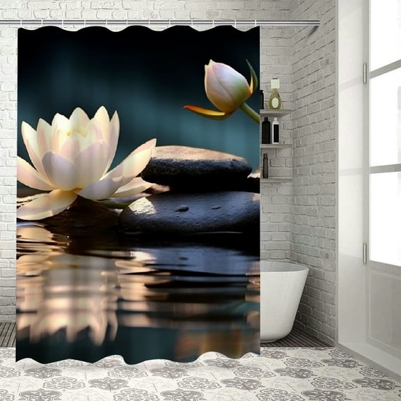PRATYUS Flowers Water Rocks Shower Curtain for Chic Elegant Bathroom Decor, 100% Polyester Fabric with Hooks, Various Sizes 36"x72