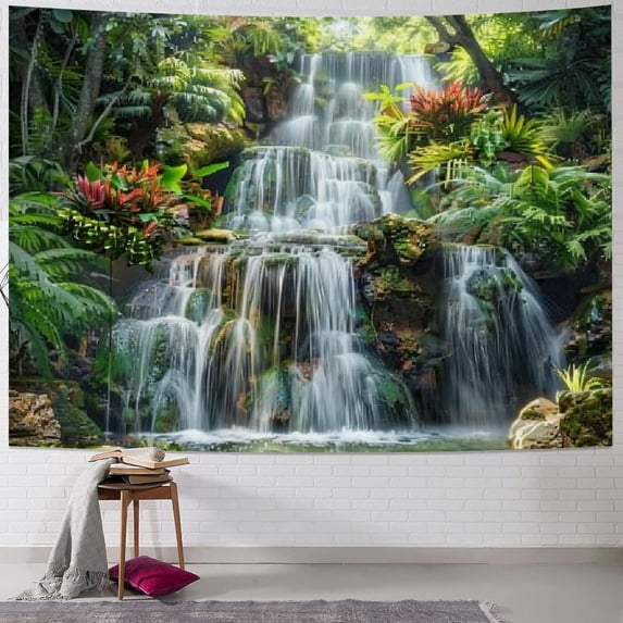 PRATYUS Forest Garden Waterfall Tapestry Wall Hanging Mountain Rocks Flowing Water Scenery Green Plants Trees Beautiful Nature Wall Tapestry for Home Bedroom Living Room Dorm Decor Painting