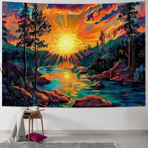 PRATYUS Forest Sun Tapestry Trippy Nature Tree Tapestry Hippie Boho Mountain Wall Tapestry Aesthetic Starry Sky Tapestry Vintage Magic River Tapestry Hanging for Bedroom Painting