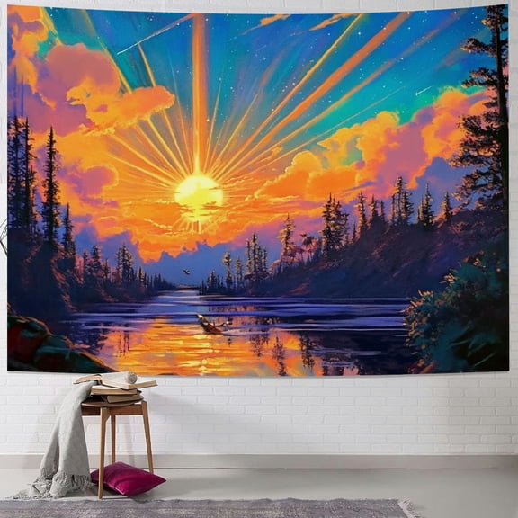 PRATYUS  Forest Sun Tapestry Trippy Nature Tree Tapestry Hippie Boho Mountain Wall Tapestry Aesthetic Starry Sky Tapestry Vintage Magic River Tapestry Hanging for Bedroom 40x30inch