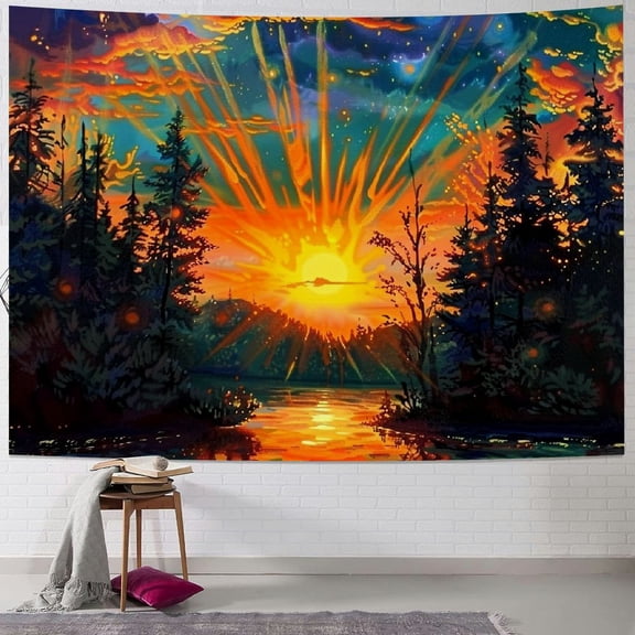 PRATYUS Forest Sun Tapestry Trippy Nature Tree Tapestry Hippie Boho Mountain Wall Tapestry Aesthetic Starry Sky Tapestry Vintage Magic River Tapestry Hanging for Bedroom Painting