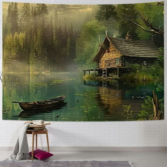 PRATYUS Forest Tapestry, Natural Scenery Lake Country House Lodge Wall Tapestry for Bedroom, Landscape Large Tapestry Wall Hanging for Living Room Collage Dorm Home Decor Painting